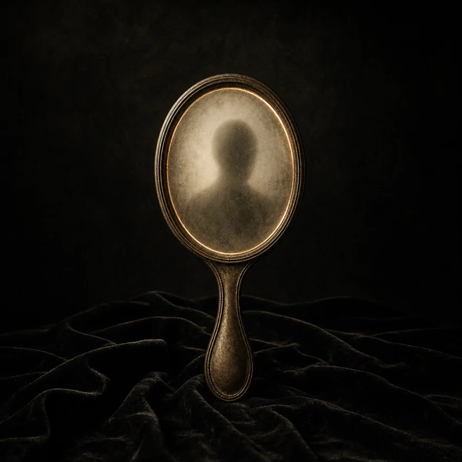 An antique hand mirror standing on black velvet with an indistinct reflection