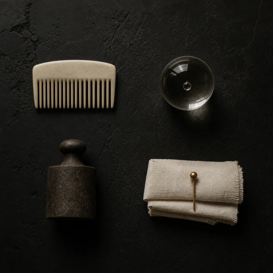 Four symbolic objects arranged on black stone: a comb, glass sphere, iron weight and folded cloth